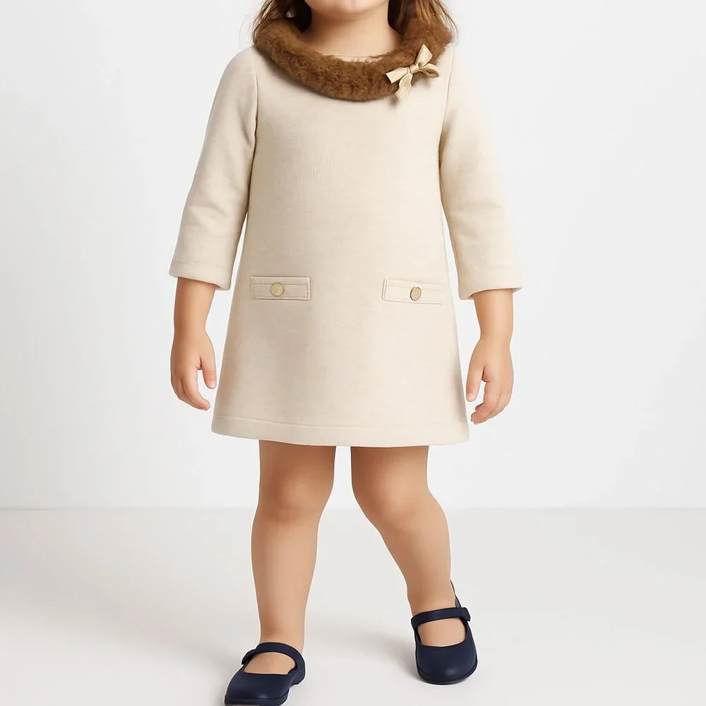 Janie and Jack Girls Faux Fur Collar Sweater Dress Beige Size 3